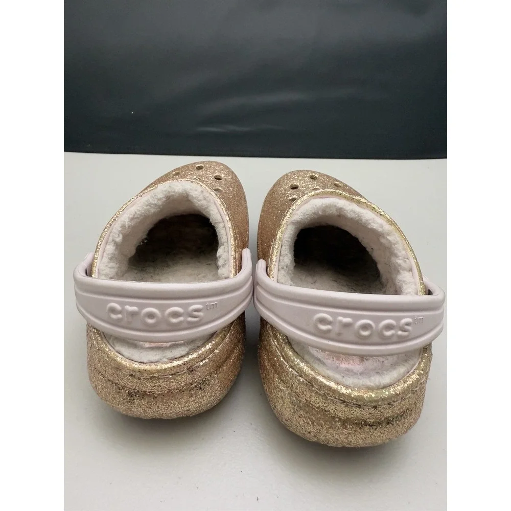 Kids Crocs Classic Glitter Lined Clogs Childrens‎ Warm Fuzz Slippers Shoes Sz C7